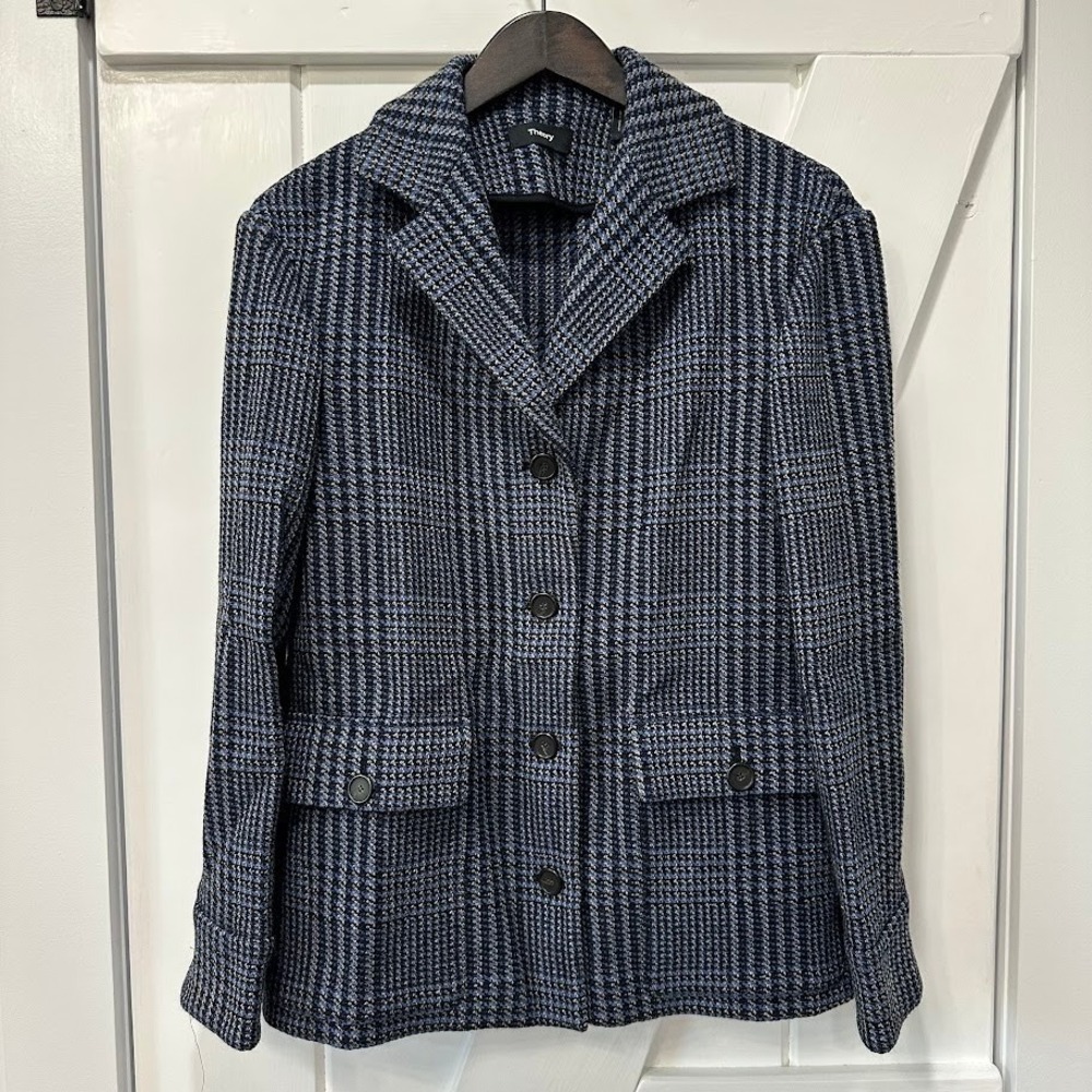 Theory Womens Blazer Size P Darwin Tweed PKT Shirt Jacket Grey Blue Plaid NEW